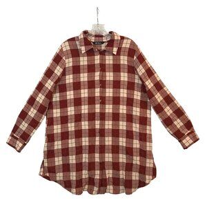 Ulla Popken Button-Up Long Sleeve Shirt Tunic Rust & Beige Plaid Womens 16/18